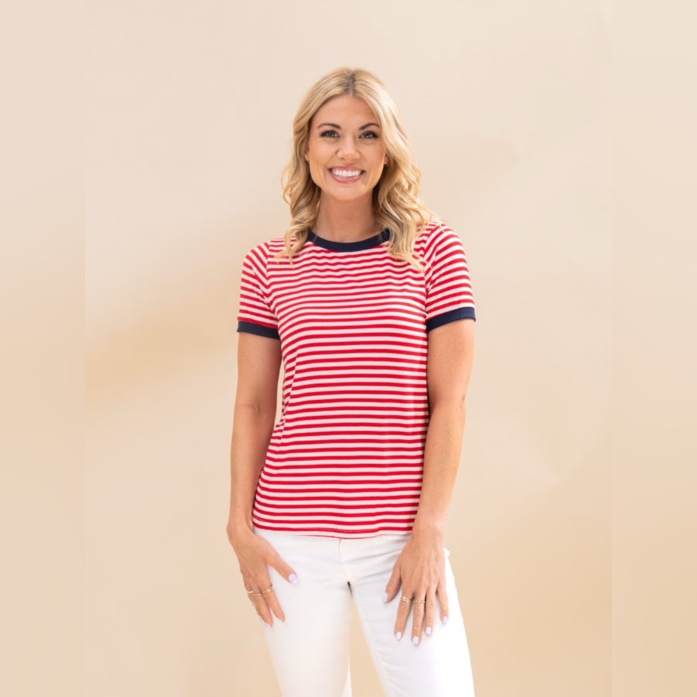 NWOT Staccato Red and White Striped Ribbed Tee with Navy Trim Size M